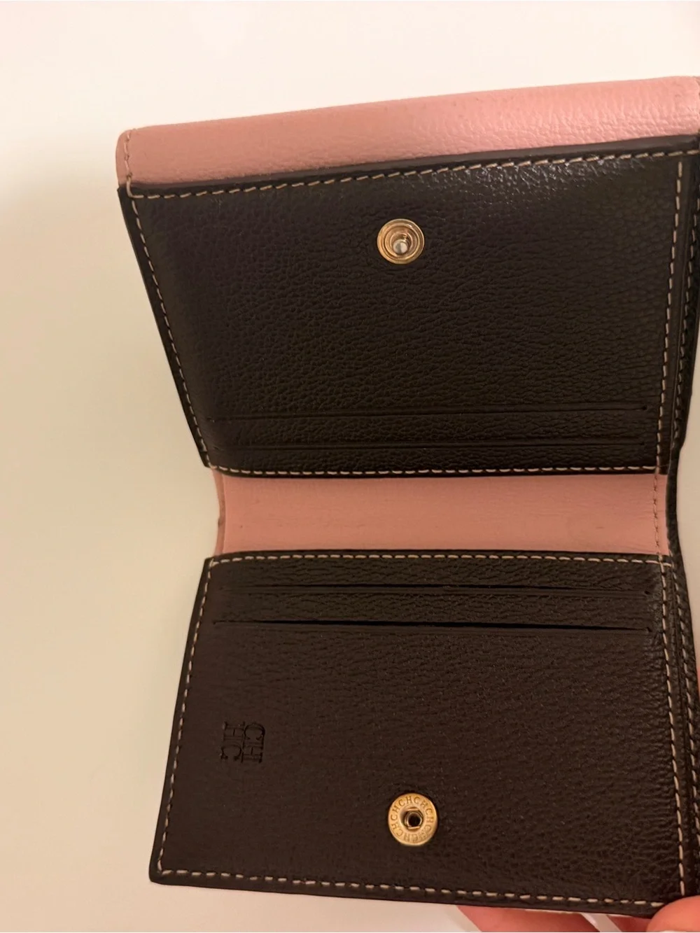 Carolina Herrera Pink and Beige Logo Canvas Trifold Wallet
